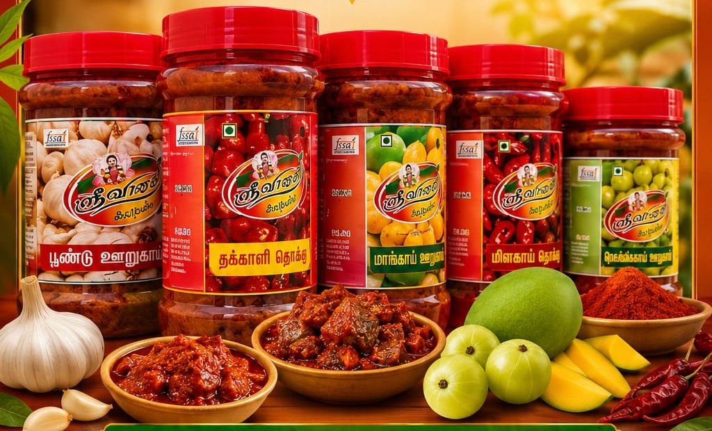Sri Valai thokku jars with garlic, mango and amla